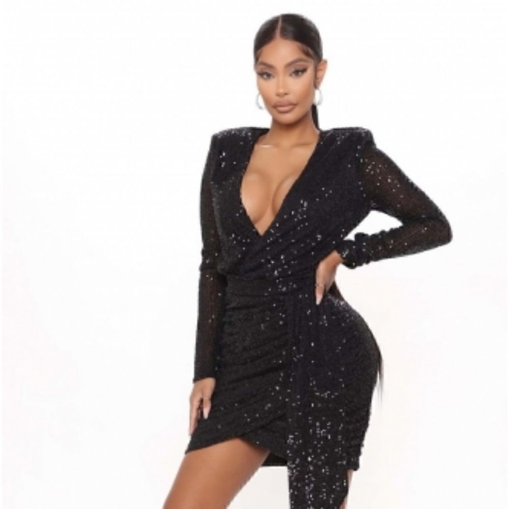 Black Long Sleeve Deep V-Neck Sequin Bodycon Women Sexy Mini Dress sz Small
